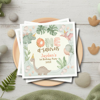Cute Pastel Green Dinosaur One A Saurus Birthday  Pappersservett