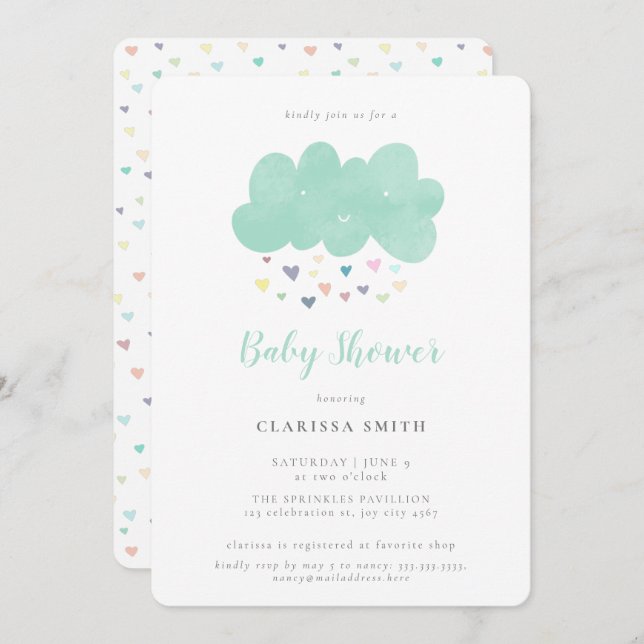 Cute Pastel Hearts Rain Cloud Baby Shower Inbjudningar (Fram/baksida)