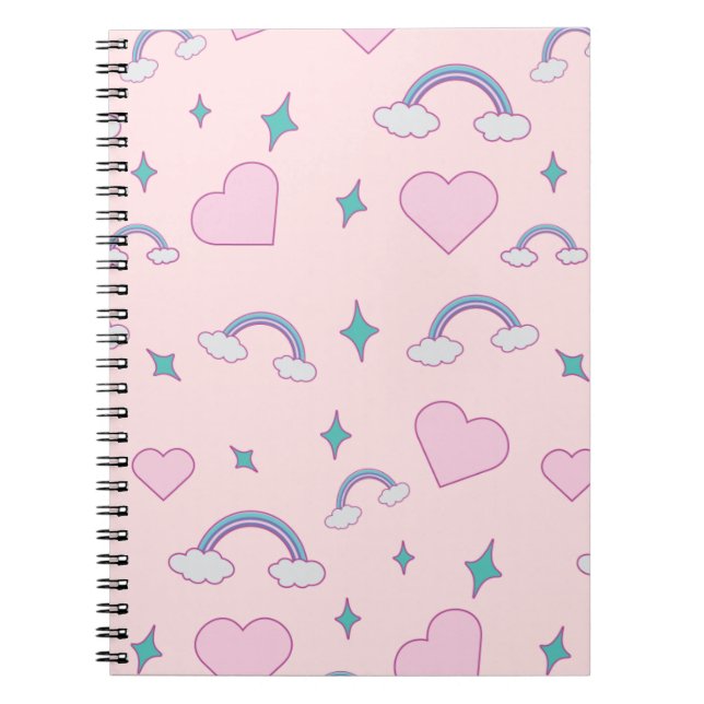 Cute Pastel Hearts & Rainbow Pattern | Kawaii Pink Anteckningsbok (Framsidan)