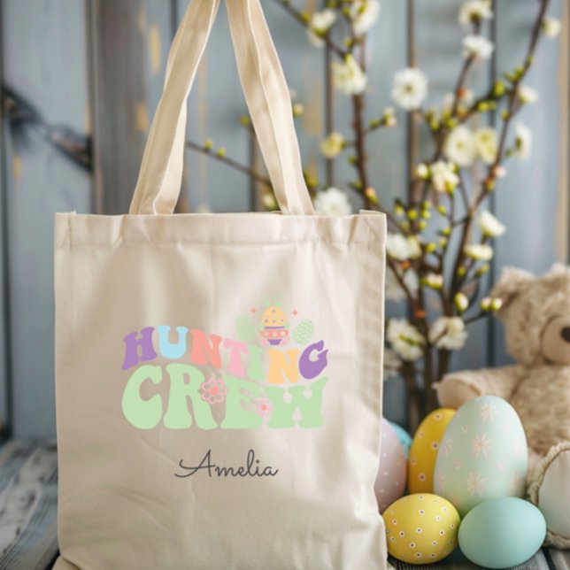 Cute Pastel Hunting Crew Påskägg Hunt Tygkasse (Cute Colorful Hunting Crew Easter Egg Hunt Tote Bag, Personalized with Name, Pastel Retro Fun)