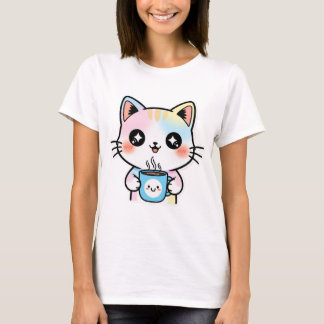 Cute Pastel Kawaii Cat med Coffee Mugg Sticker T Shirt