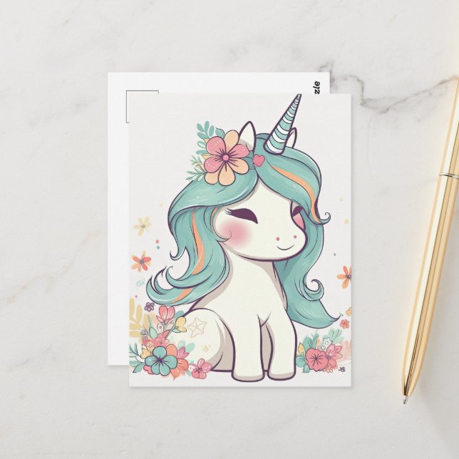 Cute Pastel Kawaii Unicorn Vykort (Fram/Back In Situ)