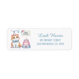 Cute Pastel Kitten Birthday Cake - Birthday Adress Returadress Etikett