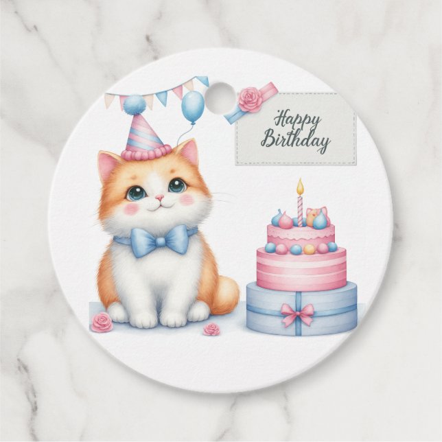 Cute Pastel Kitten Birthday Cake - Birthday Gåvor Etiketter (Framsida)