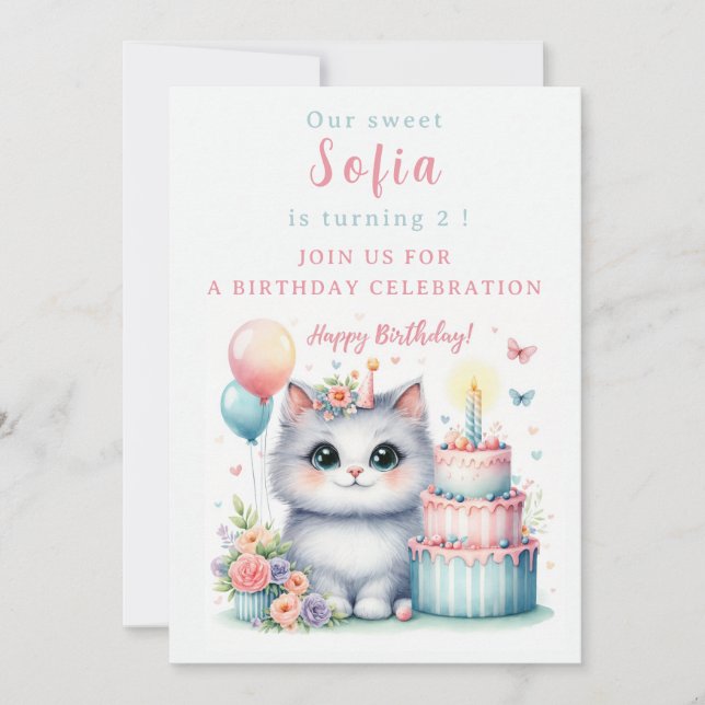 Cute Pastel Kitten Birthday Cake - Birthday Inbjudningar (Framsida)