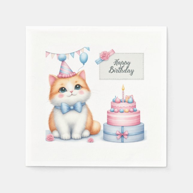 Cute Pastel Kitten Birthday Cake - Birthday Pappersservett (Framsidan)