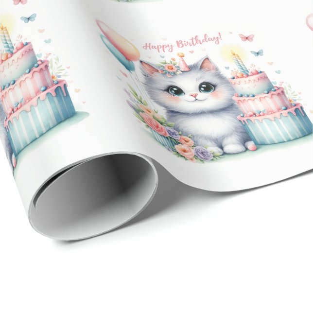 Cute Pastel Kitten Birthday Cake - Birthday Presentpapper (Rullad Hörn)