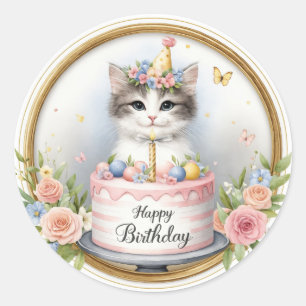 Cute Pastel Kitten Birthday Cake - Birthday Runt Klistermärke
