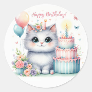 Cute Pastel Kitten Birthday Cake - Birthday Runt Klistermärke