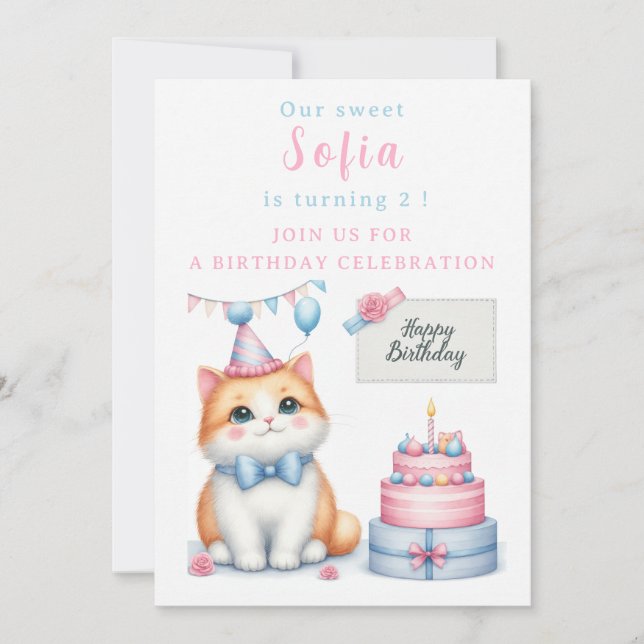 Cute Pastel Kitten Birthday Cake - Födelsedag Inbjudningar (Framsida)