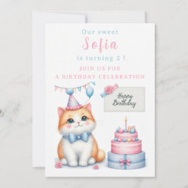 Cute Pastel Kitten Birthday Cake - Födelsedag Inbjudningar