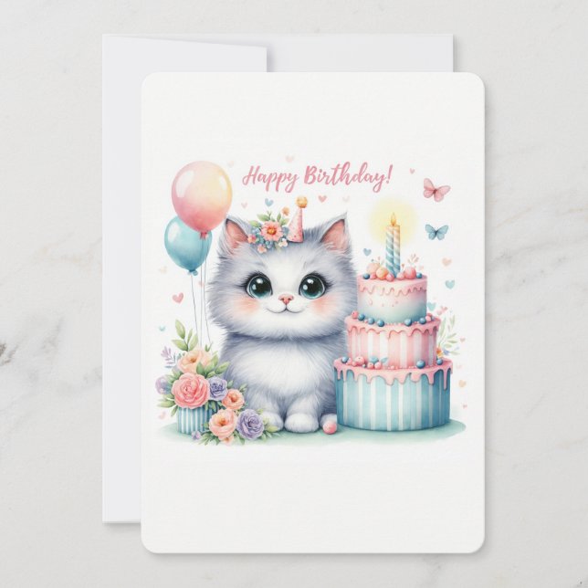 Cute Pastel Kitten Birthday Cake - födelsedagskort Julkort (Framsida)