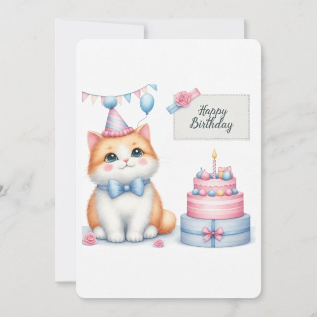 Cute Pastel Kitten Birthday Cake - födelsedagskort Julkort (Framsida)