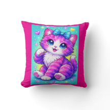 Cute Pastel Kitten Pillow Design with Bow and Spar