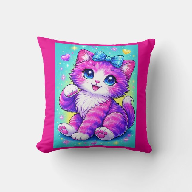 Cute Pastel Kitten Pillow Design with Bow and Spar Kudde (Framsida)