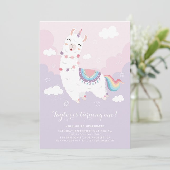 Cute Pastel Llama Unicorn First Födelsedagsfest Inbjudningar (Stående Fram)