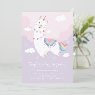 Cute Pastel Llama Unicorn First Födelsedagsfest Inbjudningar