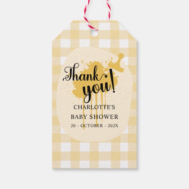 Cute Pastel Orange Gingham Baby Shower Presentetikett (Baksidan)