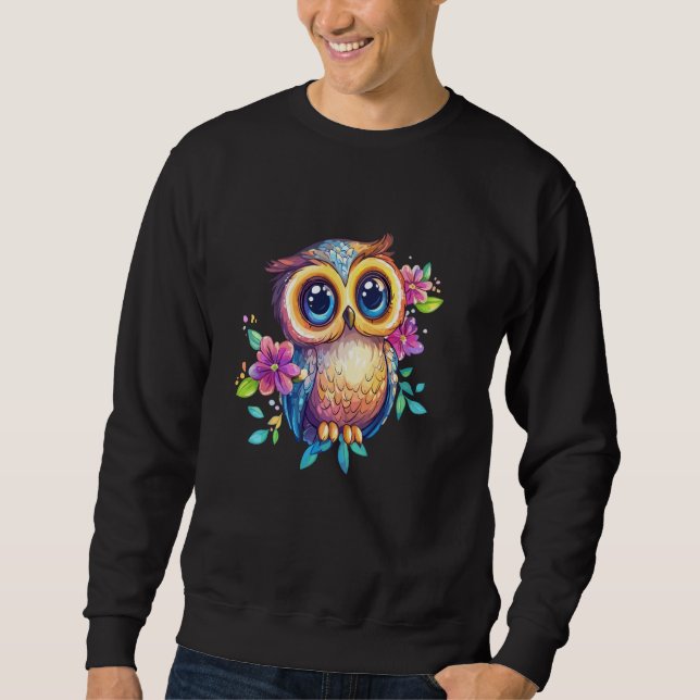 Cute Pastel Owl with Flowers Big Eyes Boho Nature Lång Ärmad Tröja (Framsida)