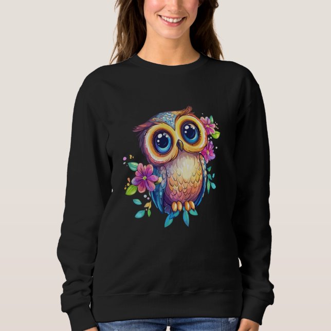 Cute Pastel Owl with Flowers Big Eyes Boho Nature T Shirt (Framsida)