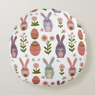 Cute Pastel Påskhare och Egg Seamless Mönster Rund Kudde