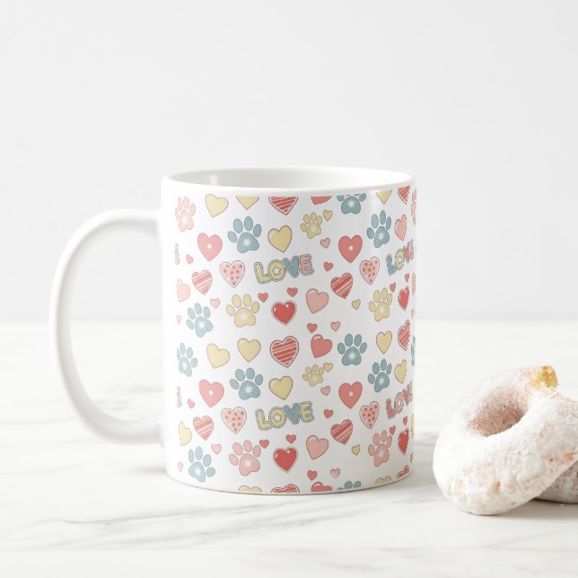 Cute Pastel Paw Prints and Hearts "LOVE" Pattern  Kaffemugg (Med munk)