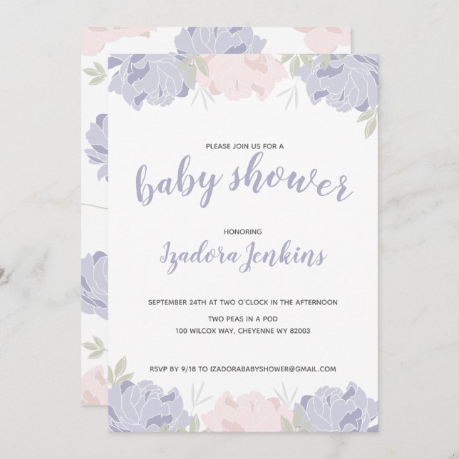 Cute Pastel Peonies Baby Shower Party Inbjudningar (Fram/baksida)