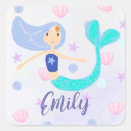 Cute Pastel Periwinkle Sjöjungfru Princess Seashel Fyrkantigt Klistermärke