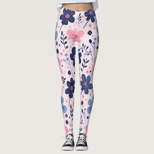 Cute Pastel Pink And Blue Floral Spring Garden Leggings (Framsida)
