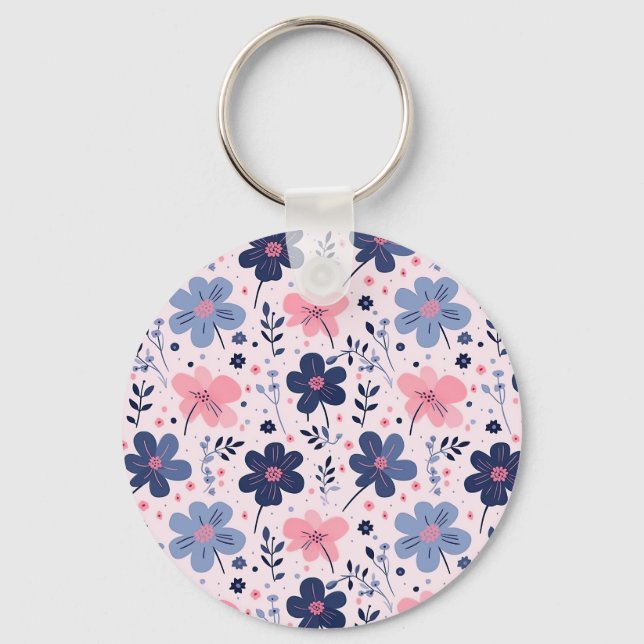 Cute Pastel Pink And Blue Floral Spring Garden Nyckelring (Framsida)