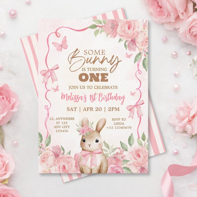 Cute Pastel Pink Bunny Floral Birthday  Inbjudningar (Skapare uppladdad)