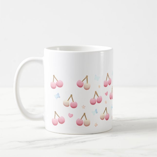 Cute Pastel Pink Cherry Pattern Coffee Mug Kaffemugg (Vänster)