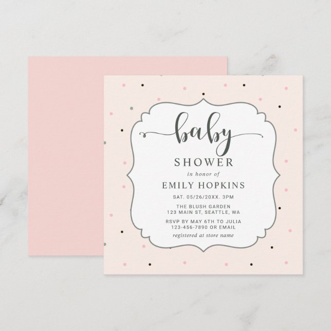 Cute Pastel Polka Dot Girl Baby Shower Square Inbjudningar (Fram/baksida)