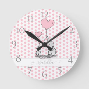 Cute Pastel Polka Dot Rosa Baby och Mamma Elephant Rund Klocka
