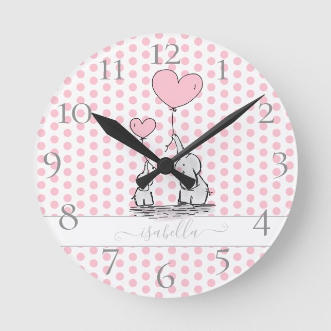 Cute Pastel Polka Dot Rosa Baby och Mamma Elephant Rund Klocka (Framsida)