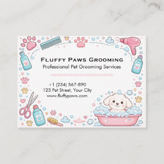 Cute Pastel Puppy Bath Pet Grooming Business Card  Visitkort