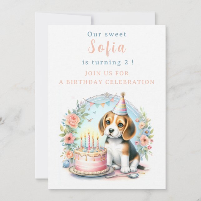 Cute Pastel Puppy Beagle - födelsedag Inbjudningar (Framsida)