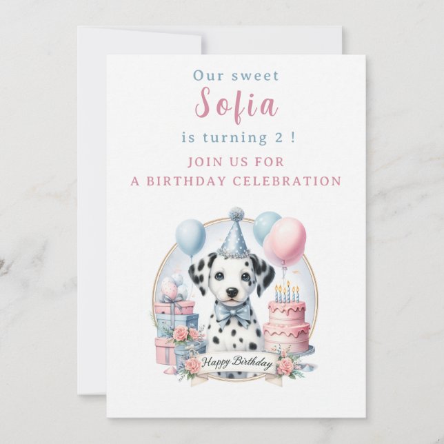 Cute Pastel Puppy Dalmatien - födelsedag Inbjudningar (Framsida)