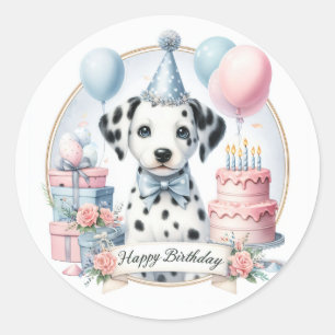 Cute Pastel Puppy Dalmatien - födelsedag Runt Klistermärke