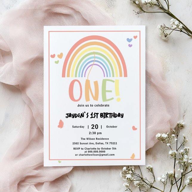 Cute Pastel Rainbow 1:a födelsedagen Inbjudningar (Skapare uppladdad)