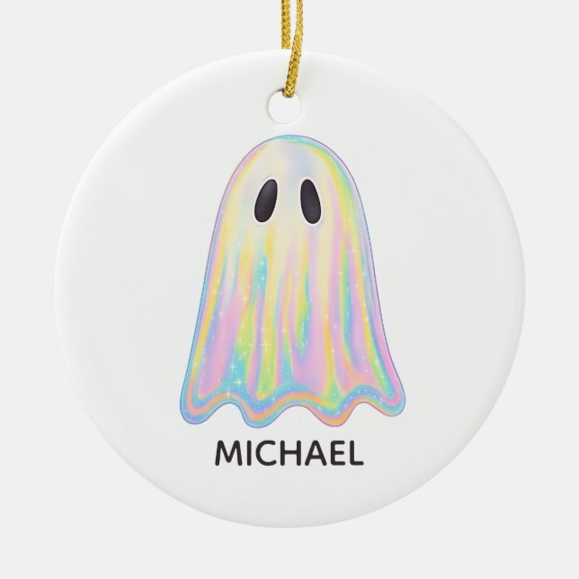 Cute Pastel Rainbow Ghost | Aesthetic Spooky Julgransprydnad Keramik (Framsidan)