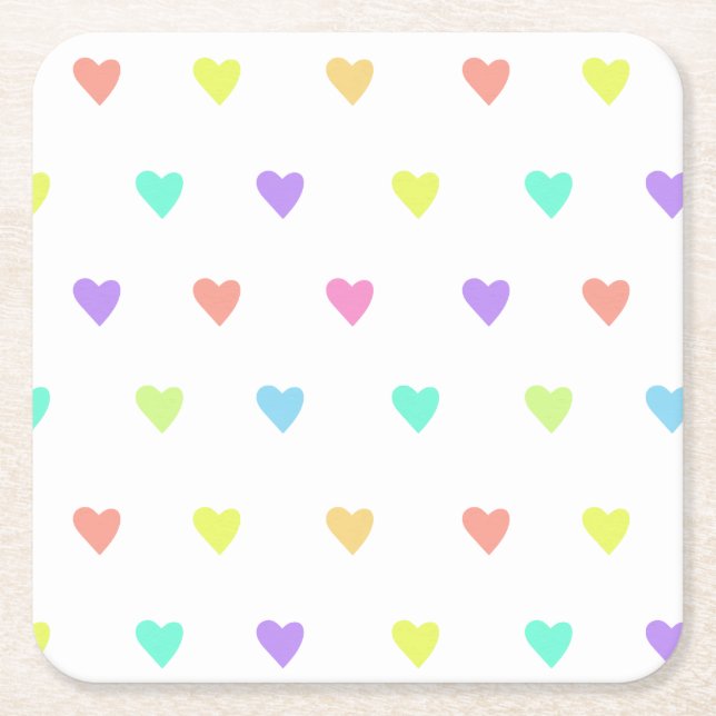 Cute Pastel Rainbow Hearts Mönster Underlägg Papper Kvadrat (Framsidan)