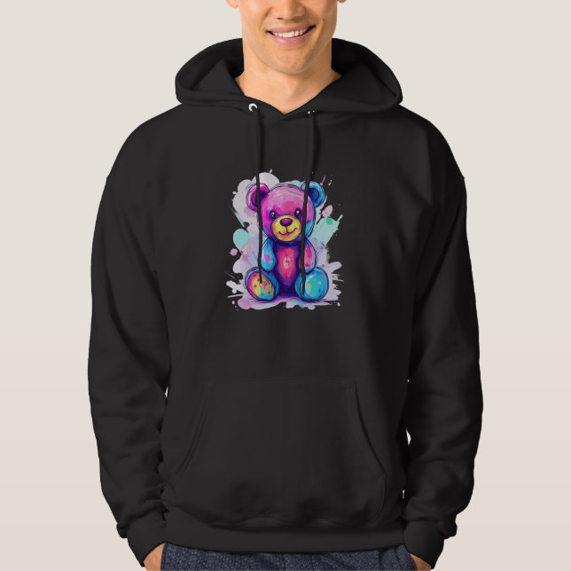 Cute Pastel Rainbow Teddy Bear Paint Splash Hoodie (Framsida)