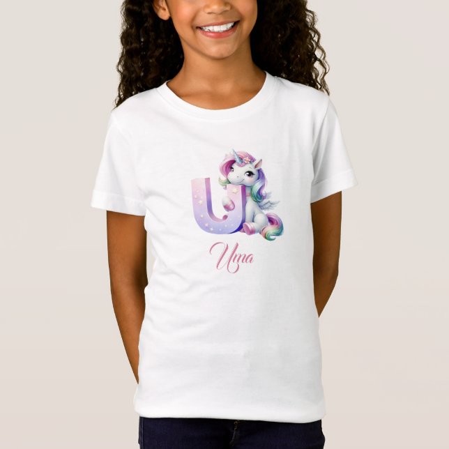 Cute Pastel Rainbow Unicorn Brev U Monogram T Shirt (Framsida)
