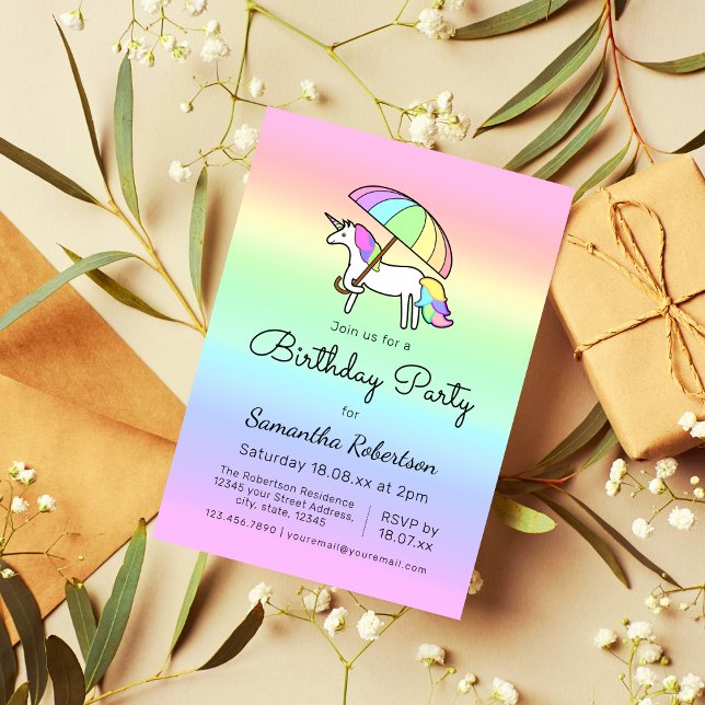 Cute Pastel Rainbow Unicorn Födelsedagsfest Inbjudningar (Skapare uppladdad)