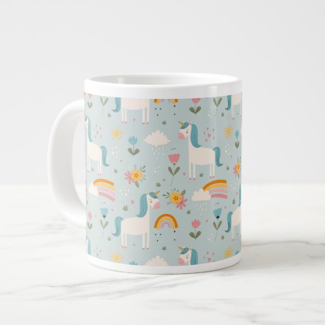 Cute pastel Rainbow Unicorn Mönster Jumbo Mugg (Framsida vänster)