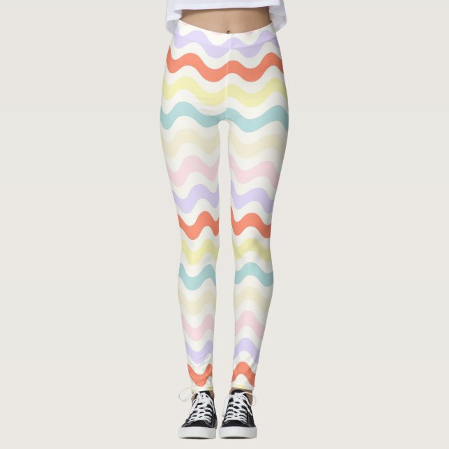 Cute Pastel Rainbow Wavy Lines Colorful Geometric  Leggings (Framsida)