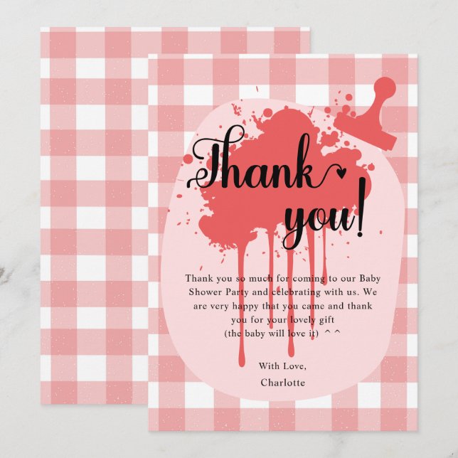 Cute Pastel Red Gingham Baby Shower Tack Kort (Fram/baksida)