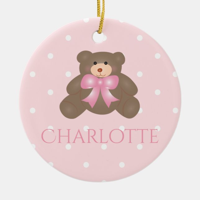 Cute Pastel Rosa Bear Unge Baby Första jul Julgransprydnad Keramik (Framsidan)