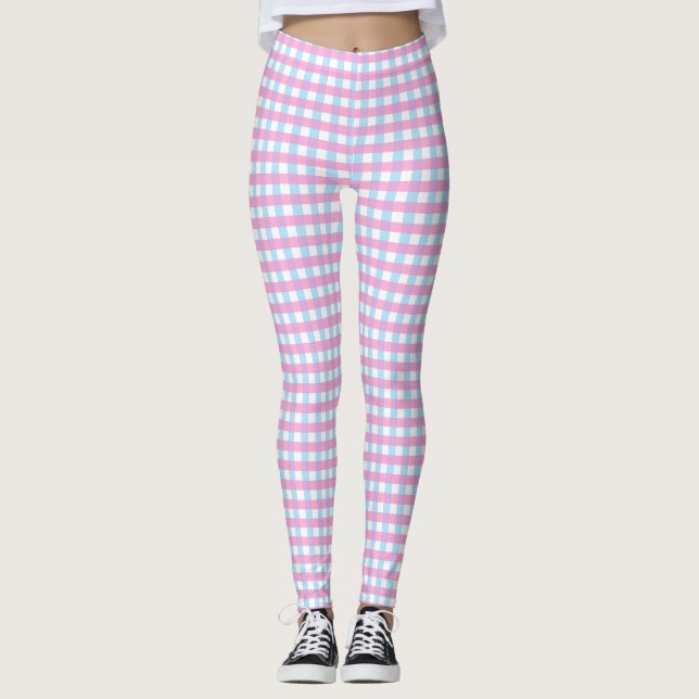 Cute Pastel Rosa Blue Gingham Check Leggings (Framsida)